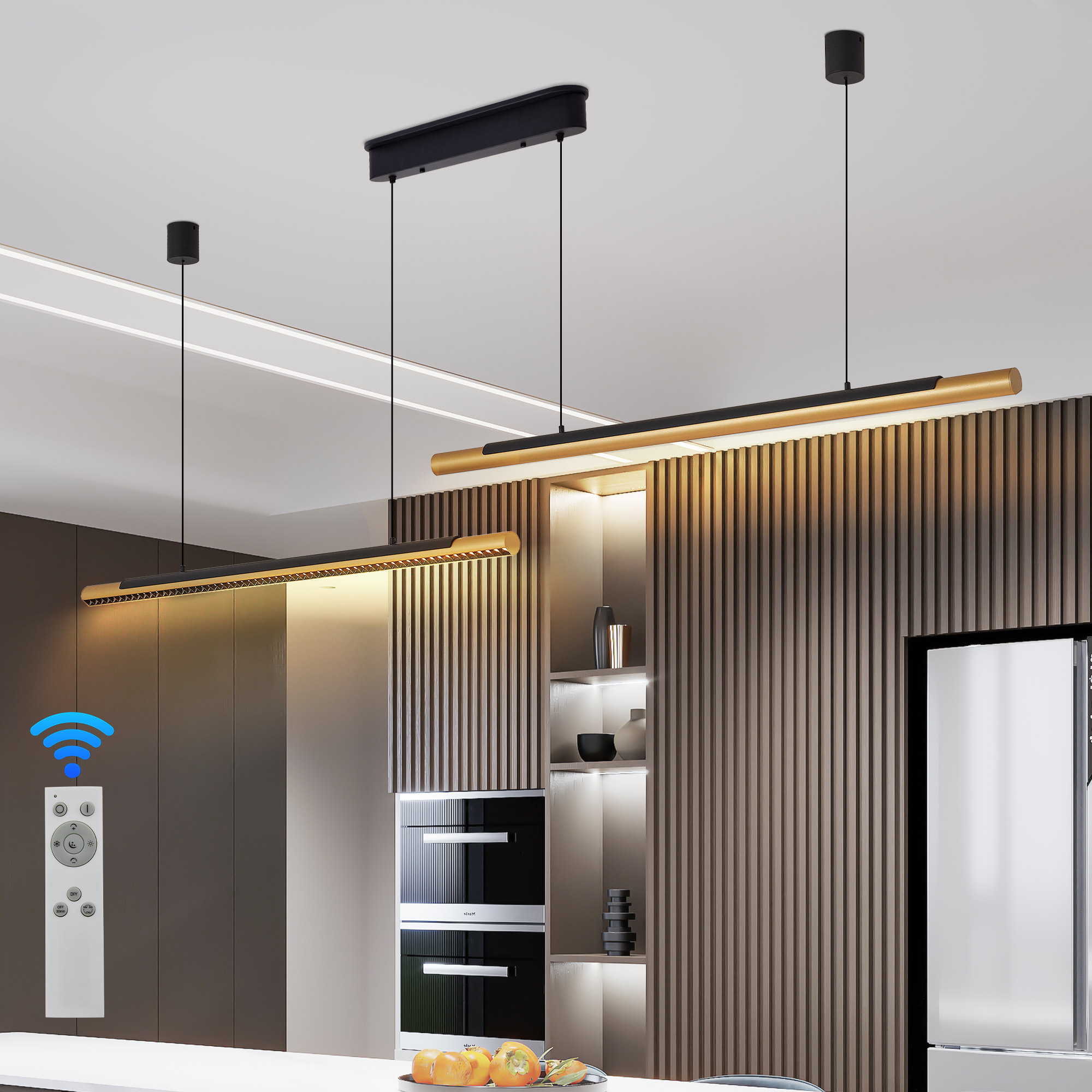 75-inch Modern Black And Gold LED Pendant Light, Adjustable Hanging Light For Dining Room, Kitchen, Living Room Sleek Dual Tube Design