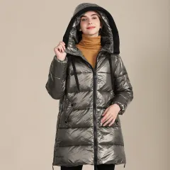 Women's Padded Nylon Bright Bread Hooded Winter Jacket - Silver - View 1
