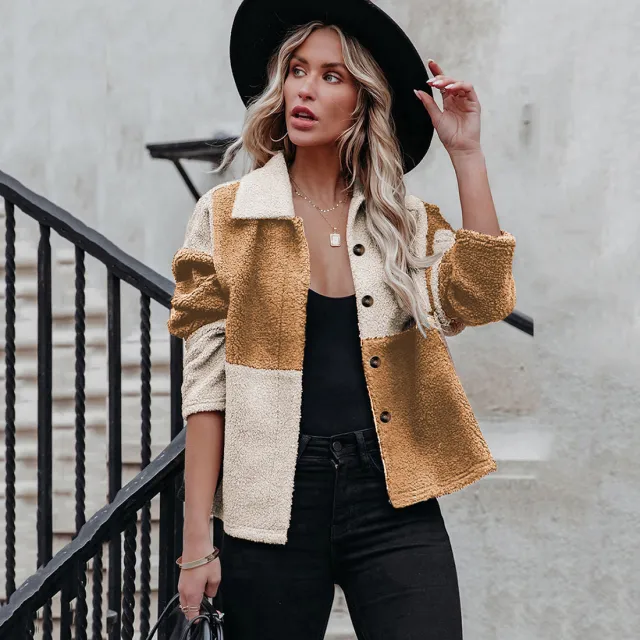 Women's Lapel Contrast Paneled Long Sleeve Woolen Jacket Offwhiteyellow - Shop at LoveMi
