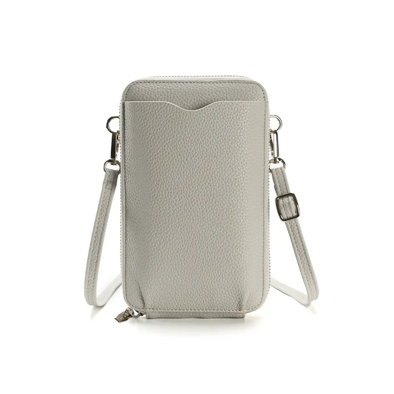 High-quality Lychee Pattern Mobile Phone Bags Women Small Crossbody Shoulder Bag Long Wallet - Grey