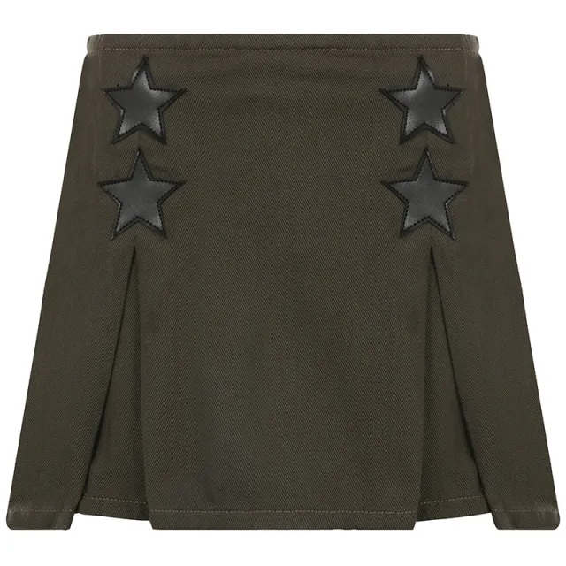 Wind Star Splicing Denim Pleated Short Skirt Green - Shop at LoveMi