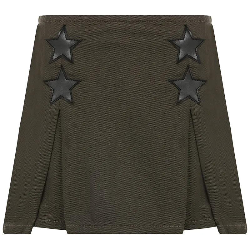 Wind Star Splicing Denim Pleated Short Skirt - Green