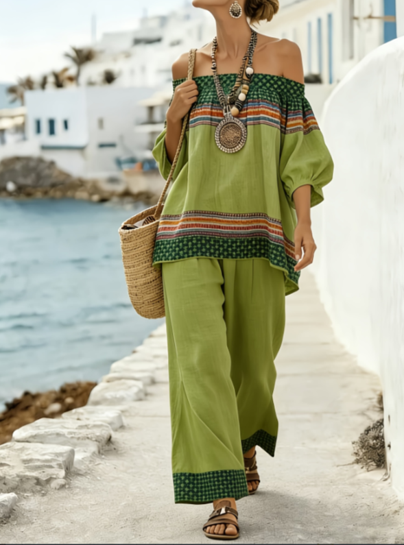 Vacation Style Shoulder Baring Wide Leg Pants Set
