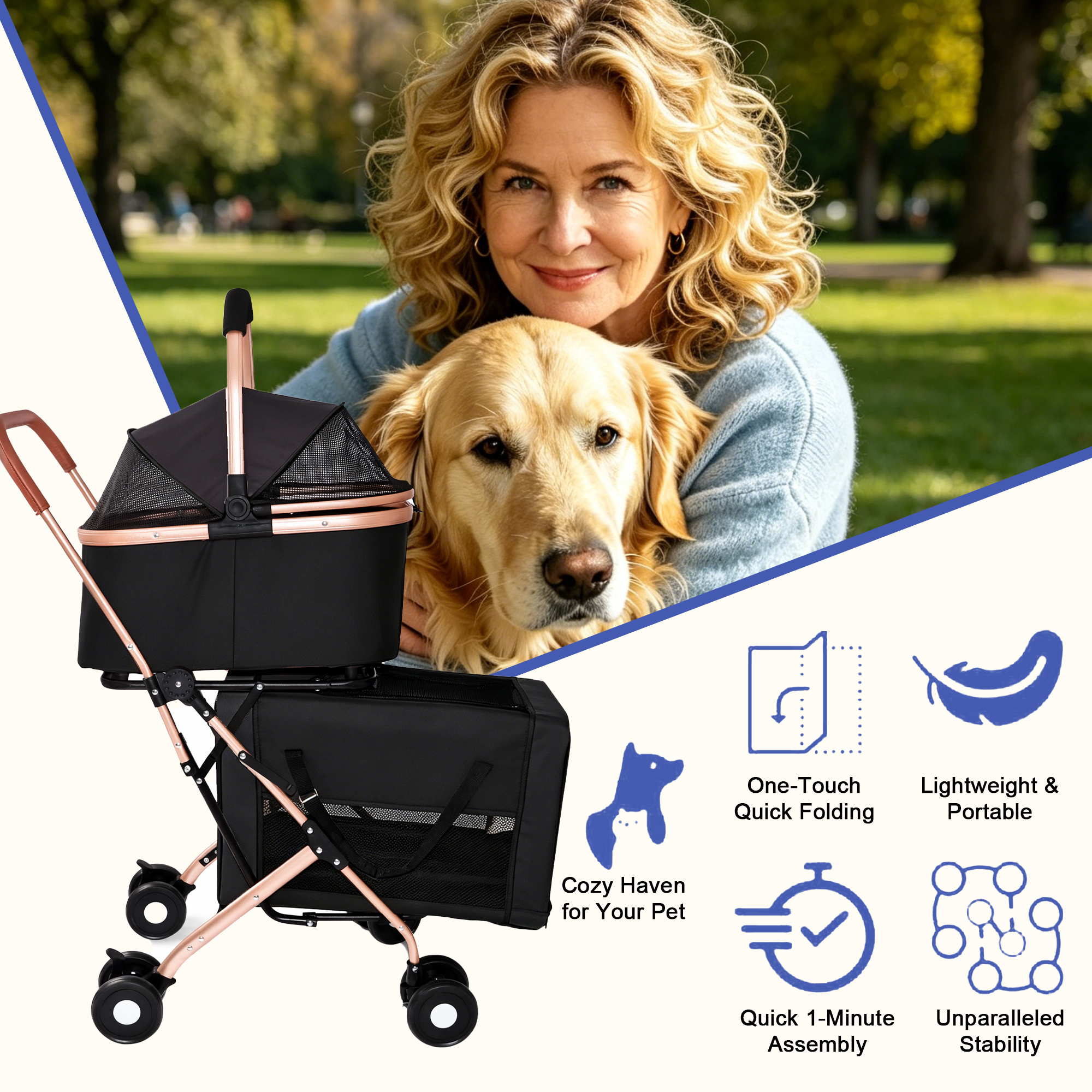 3-in-1 Double Pet Stroller For Small Medium Dogs Cats, Foldable Frame Convertible Pet Carrier Tote, Shockproof Wheels With Brake System, Dual Fixed Safety Leashes For Multi-Pet Households thumbnail 6