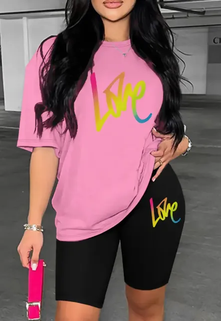 Women'S Two Piece Set Featuring A Stylish Printed T Shirt And Casual Shorts Pink - Shop at LoveMi