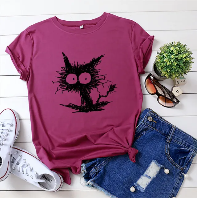 European And American Fashion Cat Printing Casual Short sleeved T shirt Women's Clothing Wine Red - Shop at LoveMi