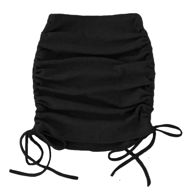 Women's Knitted Thread Side Drawstring Stretch Pleated Skirt Black - Shop at LoveMi