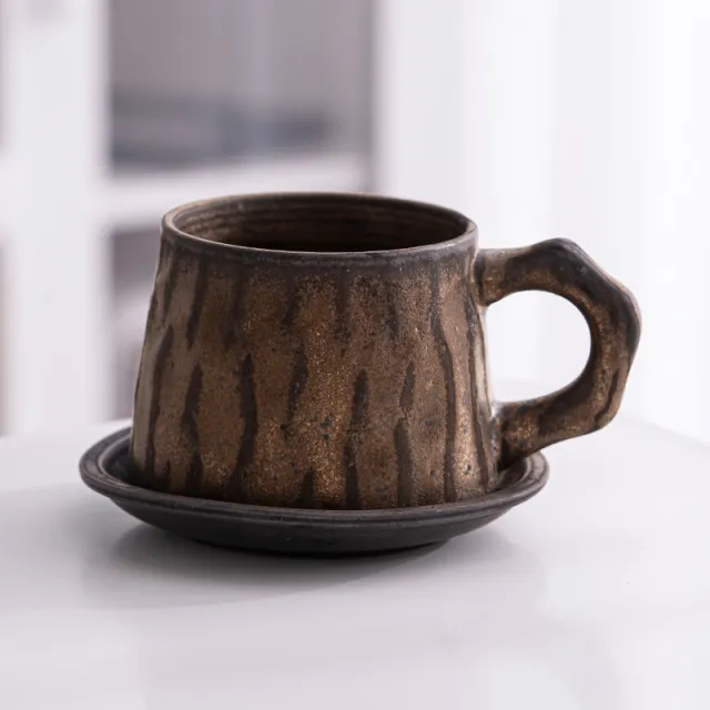 Creative Stoneware Coffee Cup And Saucer Set Japanese Retro Dark Brown Red Gold - Shop at LoveMi