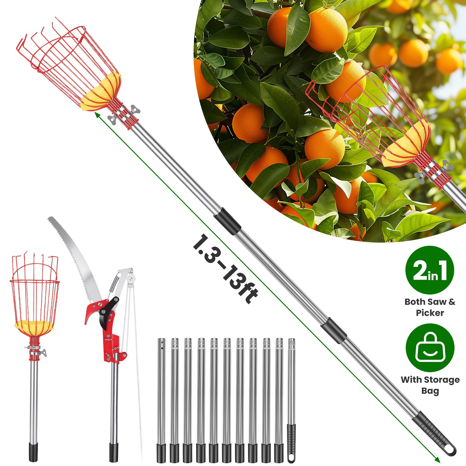 14.4FT OR 10.9FT Option 2-in-1 Pole Saw & Fruit Picker With Extendable Stainless Steel Pole Manual Tree Pruner With 65Mn Steel Blade Fruit Picking Basket Storage Bag & Gloves For Garden Orchard Yard