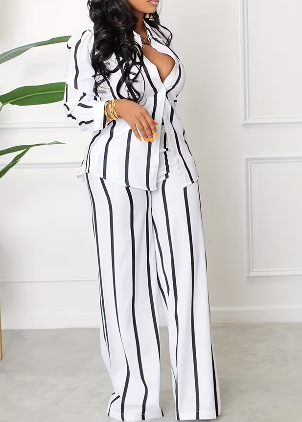 Women's American Retro Striped Lapel Long Sleeve Wide-Leg Pants Suit