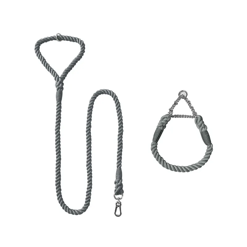 Woven Cotton Pet Dog Leash Collar Set - Dark Grey Silver