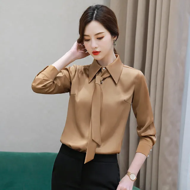 Lapel Career Solid Color Fashion Shirt Female Camel Shirt And Ribbon - Shop at LoveMi
