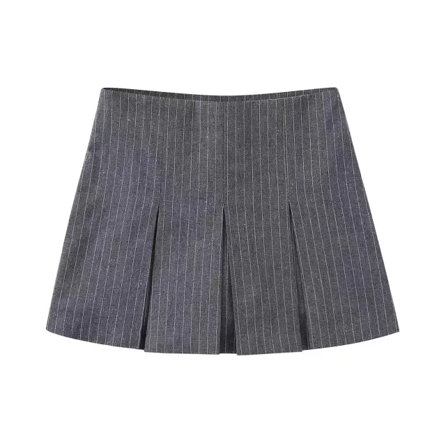 European And American Style High Waisted Wide Pleated Pants Skirt Grey Stripe - Shop at LoveMi