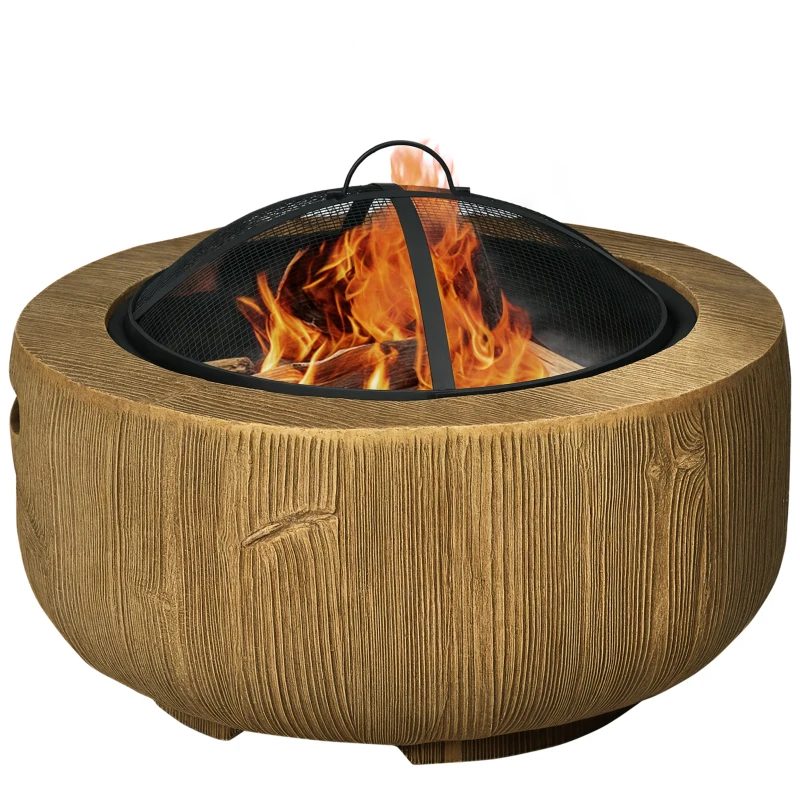Outdoor Fire Pit, 24 Inch Metal Wood Burning Fireplace With SparkCover, Poker, Woodgrain Design, Light Brown