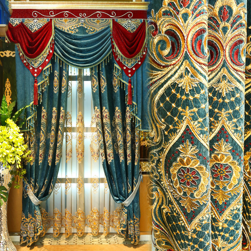 European Style Chenille Curtain Cloth Blackout Gold Silk Embroidery — image 1