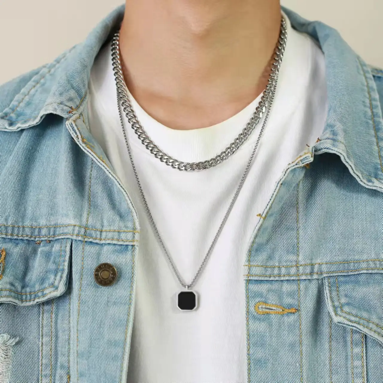 Stainless Steel Epoxy Black Square Pendant Men's Sweatshirt Stacking Necklace