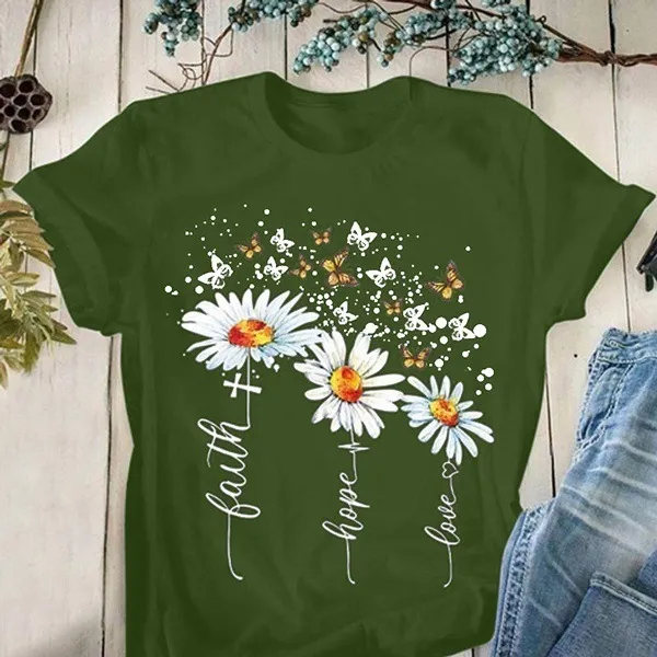 Round Neck Casual Creative Floral Print Short Sleeves Green - Shop at LoveMi