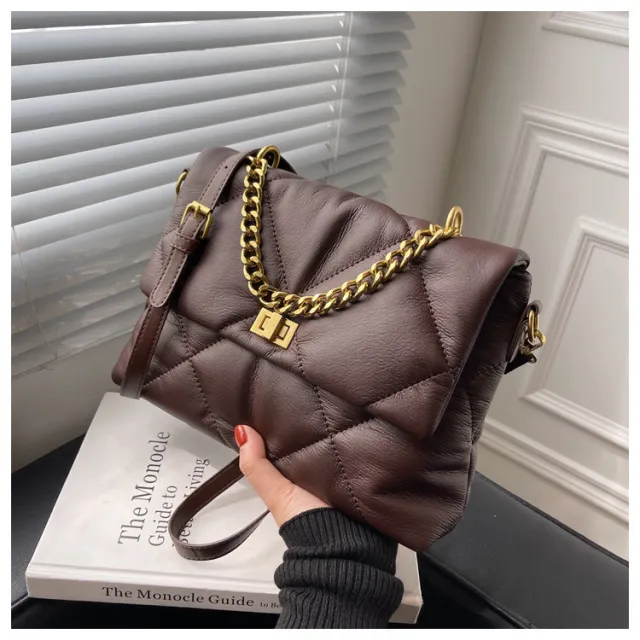 Diamond Crossbody Soft Leather Chain Large Bag Coffee - Shop at LoveMi