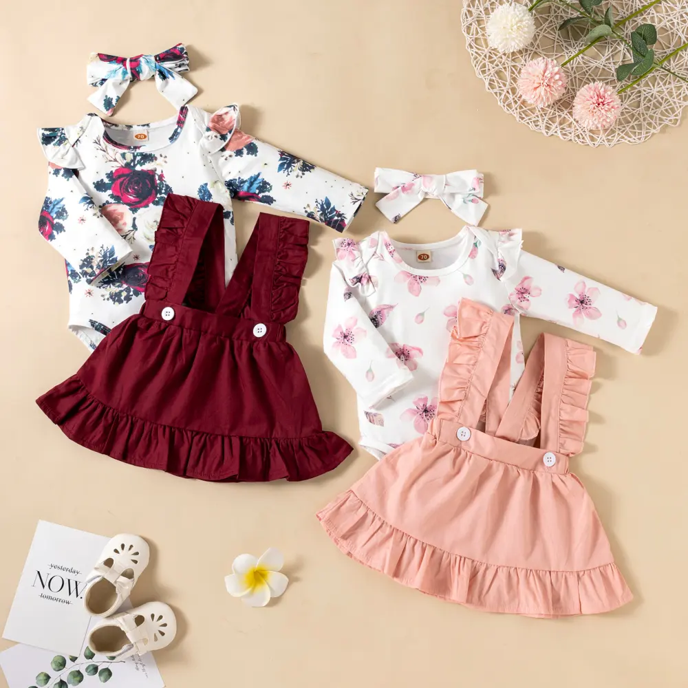 Printed Long-sleeved Baby Girl Romper Two-color Strap Ruffled Dress