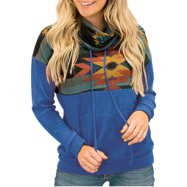 Loose Printed High Neck Hooded Sweater Women Blue - Shop at LoveMi