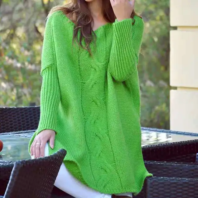 Split Hem Top Round Neck Loose Medium Length Sweater Green - Shop at LoveMi