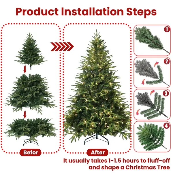 Artificial 4ft Green Christmas Tree With 856 PE PVC Mixed Branch Tips, 150L Warm White Led, Steel Wire, Hinged Premium & Foldable Base For Indoor Holiday Decora
