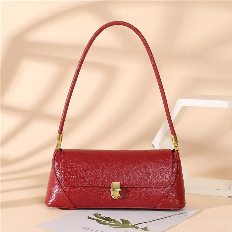 Women's First Layer Cowhide Underarm Bag - Red