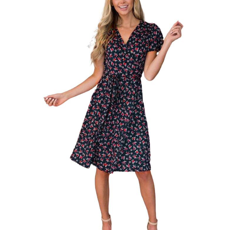 Floral Short-Sleeved V-Neck Lace-Up High-Waist Dress