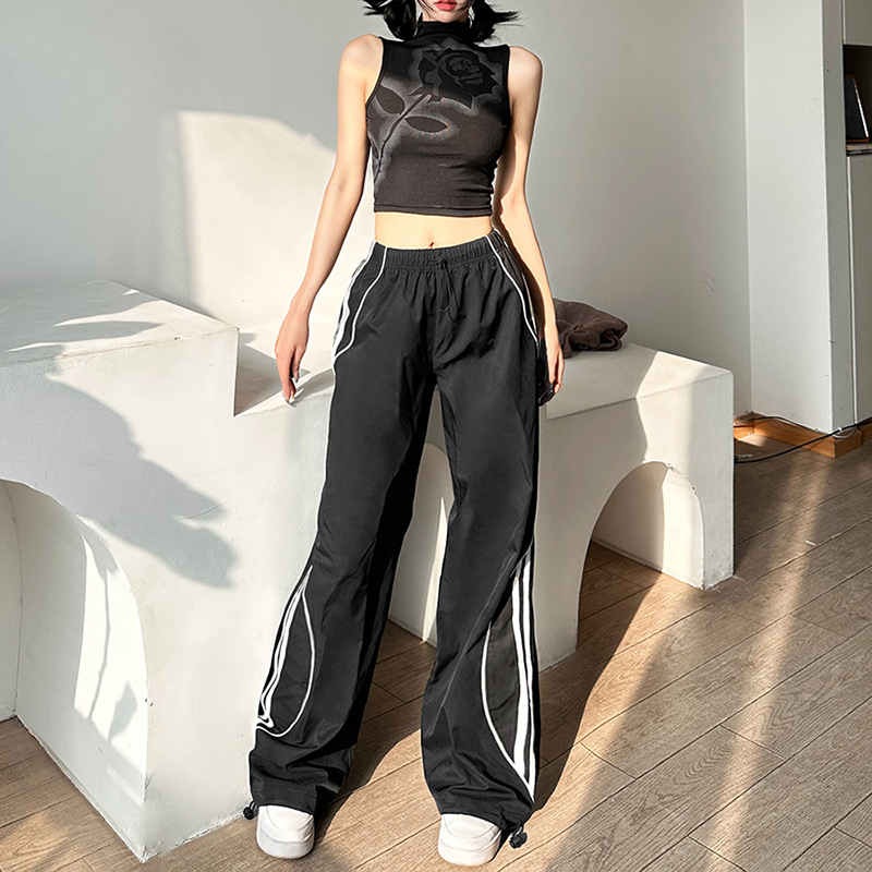Women's Solid Color Loose Fitting Street Fashion High Waisted Straight Drawstring Casual Pants