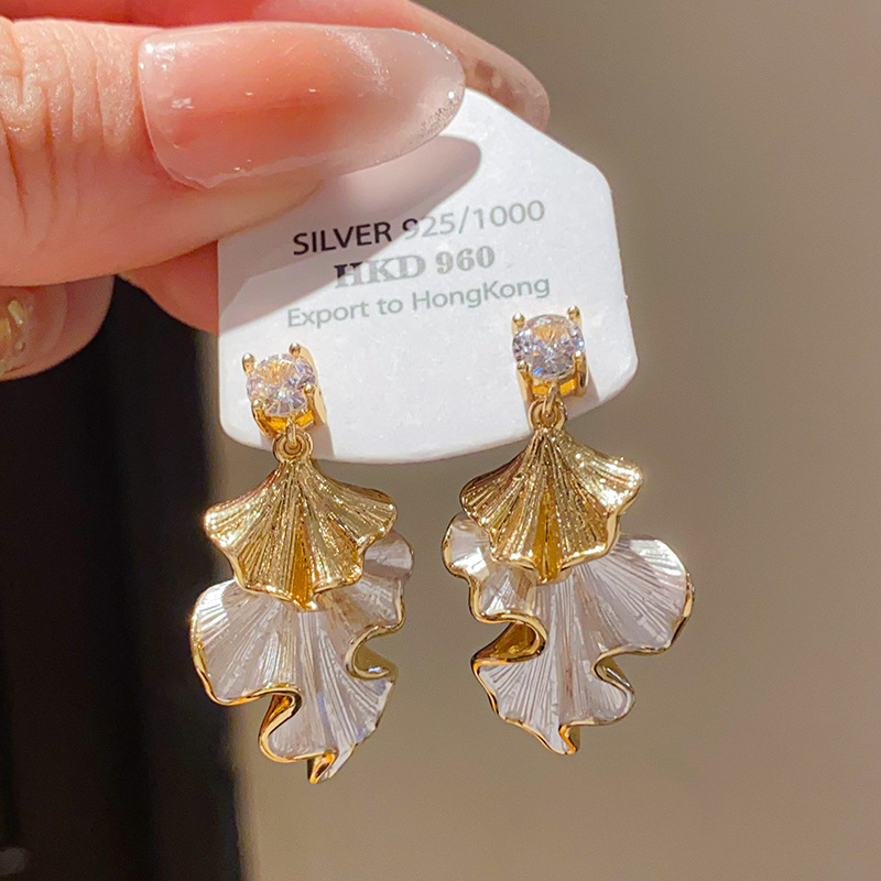 Sterling Silver Needle Leaf Shape Earrings For Women Elegant Cubic Zirconia Enamel Metal Two Tone