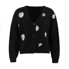 Women's Single Breasted Sweater Chrysanthemum Embroidered Cardigans Coat Clothes - Black - View 1