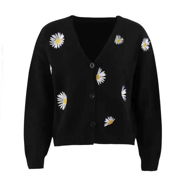 Women's Single Breasted Sweater Chrysanthemum Embroidered Cardigans Coat Clothes Black - Shop at LoveMi