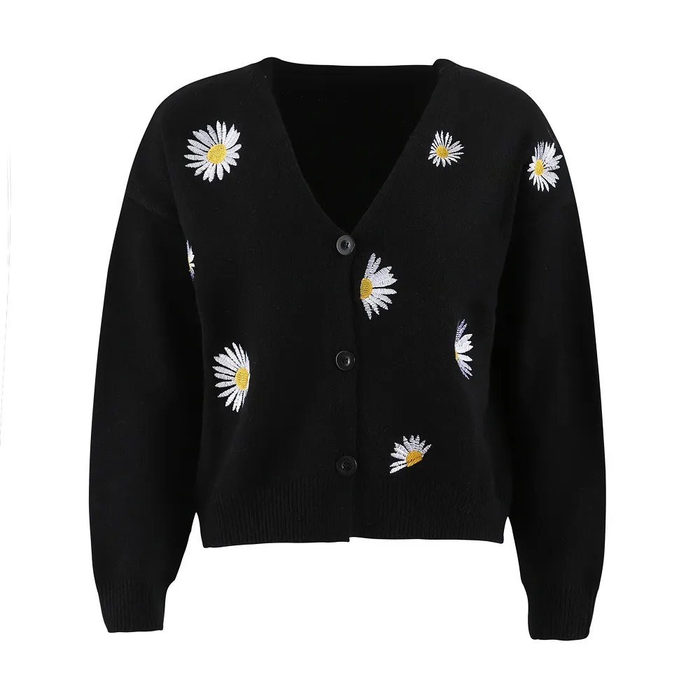 Women's Single Breasted Sweater Chrysanthemum Embroidered Cardigans Coat Clothes - Black
