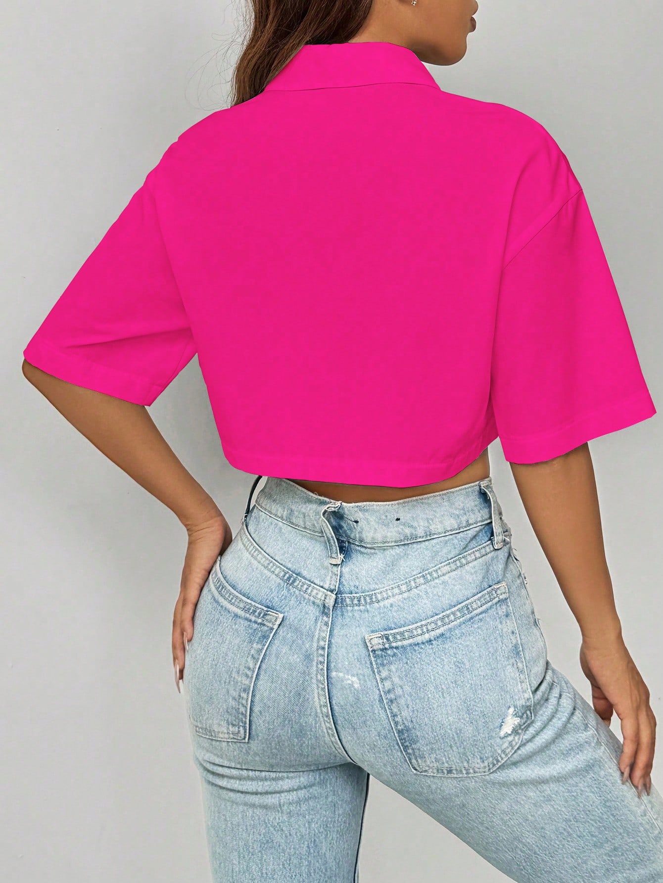 Shoulder Pocket Patched Crop Shirt Short Sleeve Tops