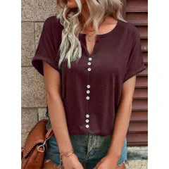 V-neck Short Sleeve Tops Shirt Summer Button Design Blouse - Crimson-Xxl - View 1