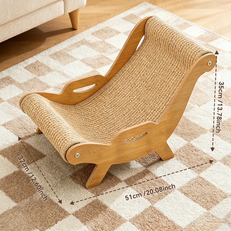 51.5-32-35cm Sisal Cat Scratcher Lounge Chair, Wooden Frame -Sisal Scratching Surface, 2-in-1 Scratching & Lounging