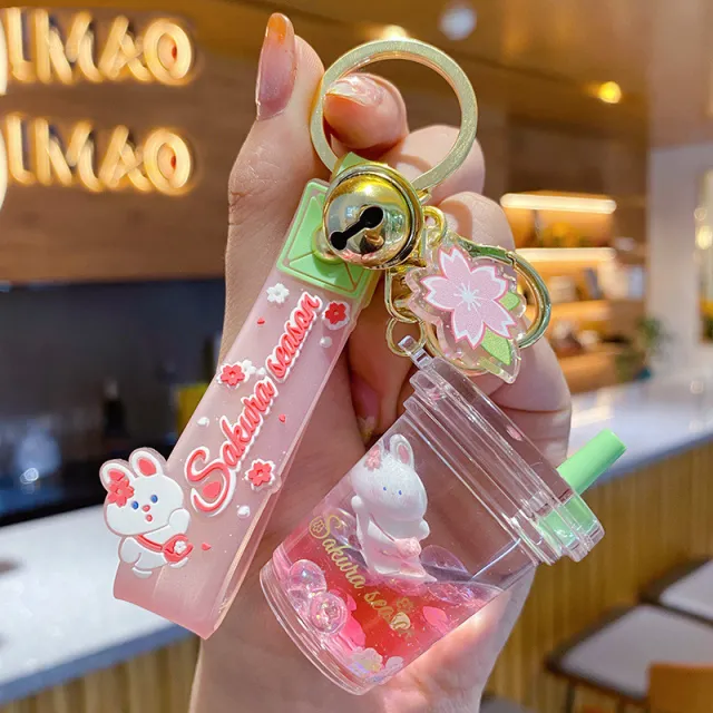 Creative Oil Floating Cherry Blossom Soft Cute Rabbit Keychain Teacup - Shop at LoveMi
