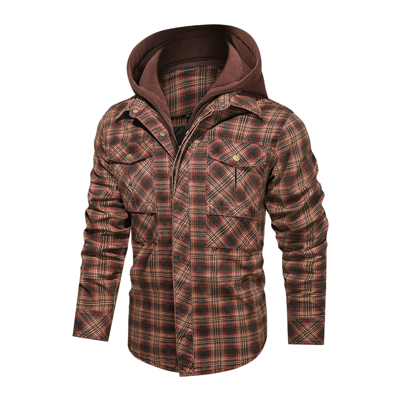 Men long-sleeved plaid jacket regular fit with fleece and detachable hoodies.