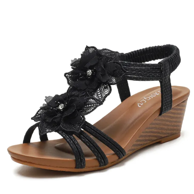Flowers Sandals Summer Bohemia Wedges Shoes With Weave Ankle Strap Black - Shop at LoveMi