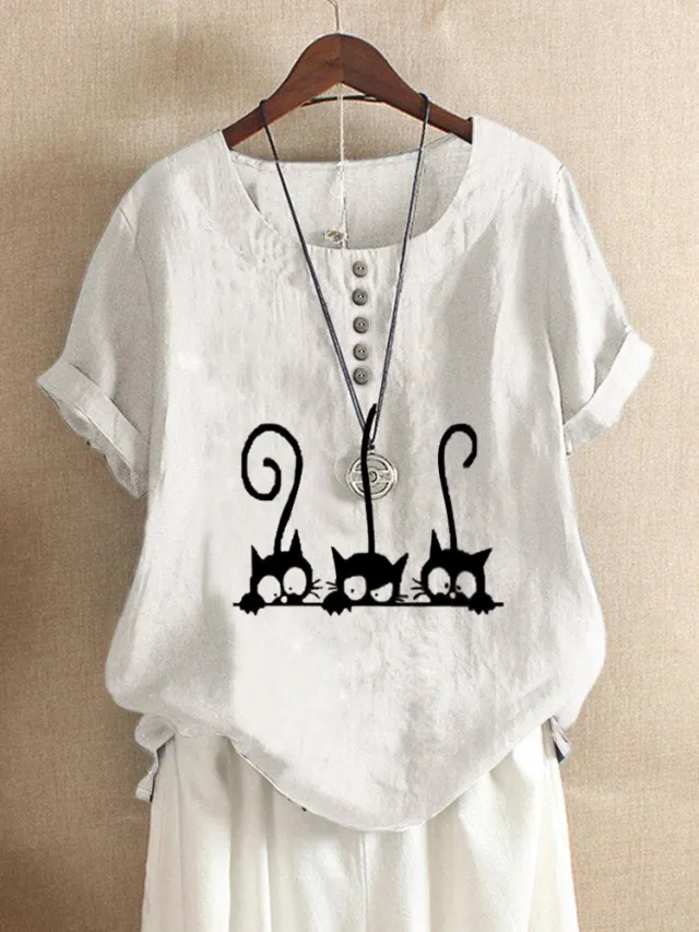New Fashion Cat Print Round Neck Loose T Shirt White - Shop at LoveMi