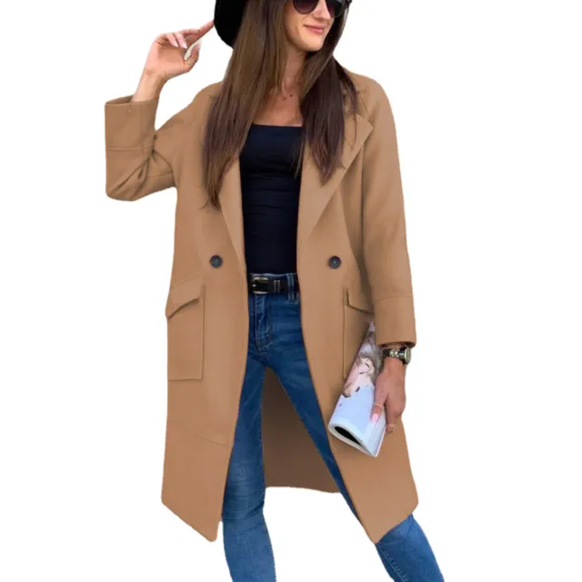 Autumn And Winter Solid Color Long sleeved Suit Collar Button Pocket Wool Coat Khaki - Shop at LoveMi