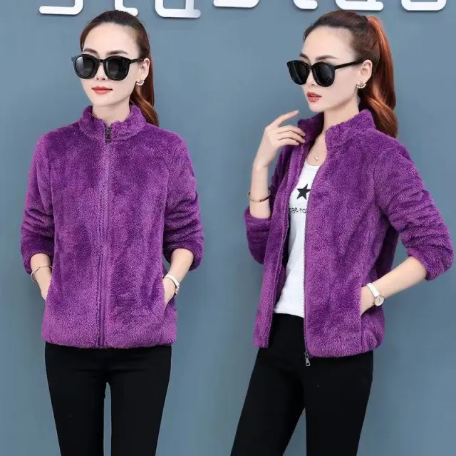 Double sided Polar Fleece Winter Jacket Women's Autumn And Winter Jacket New Cardigan Coral Fleece Zipper Coat All match Sweater Purple - Shop at LoveMi