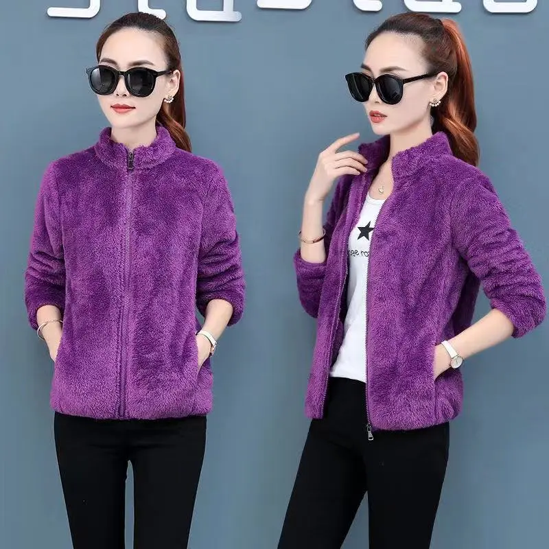 Double-sided Polar Fleece Winter Jacket Women's Autumn And Winter Jacket New Cardigan Coral Fleece Zipper Coat All-match Sweater - Purple