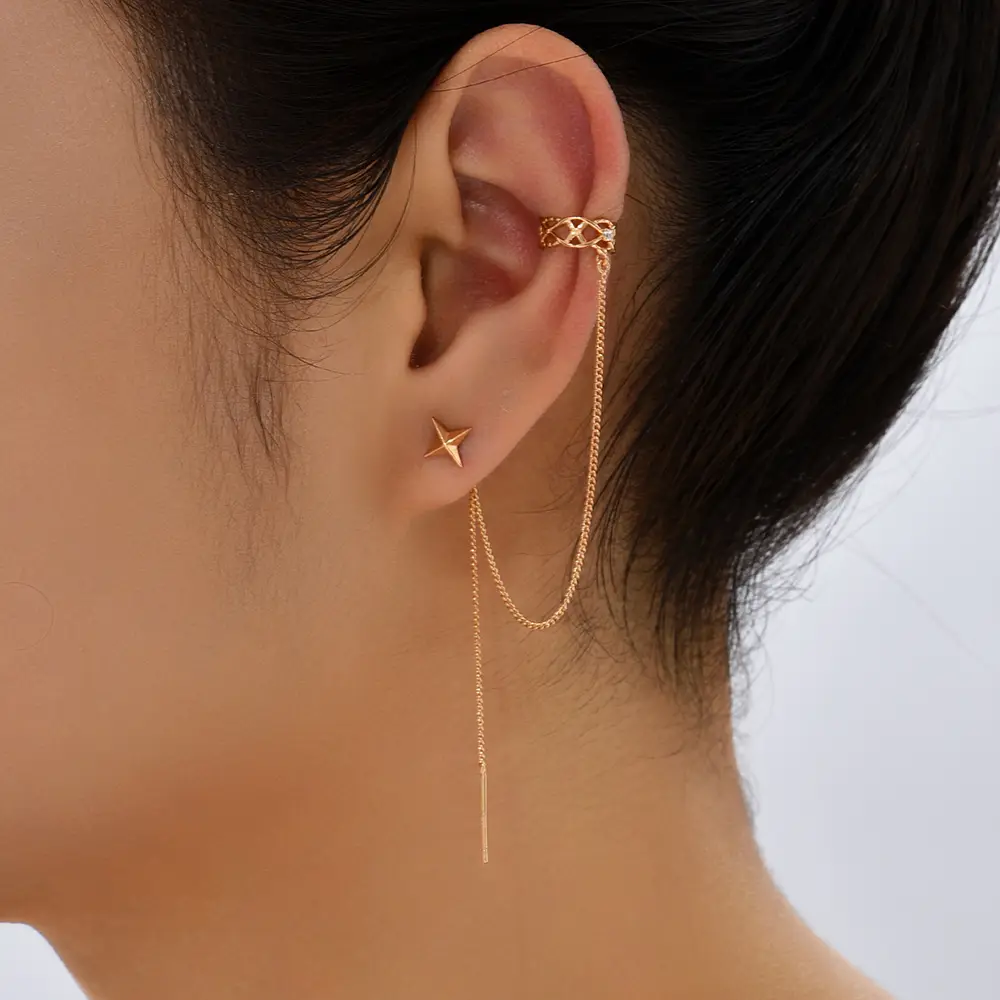 Geometric Tassel Earrings Women's Long Diamond Inlaid New Fashion Net Red Temperament Earrings Face Show Thin Ear Line Jewelry