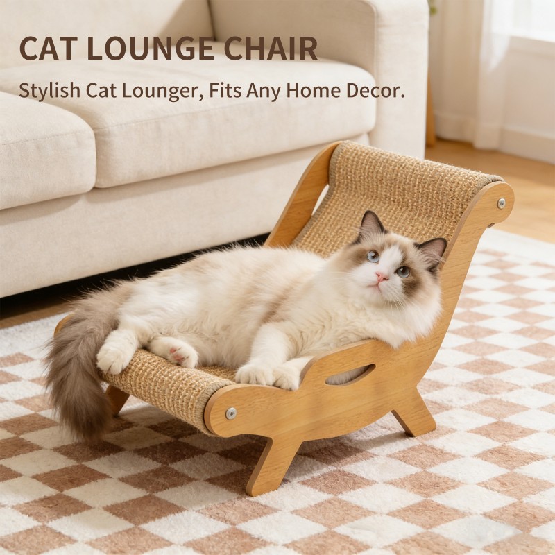 51.5-32-35cm Sisal Cat Scratcher Lounge Chair, Wooden Frame -Sisal Scratching Surface, 2-in-1 Scratching & Lounging