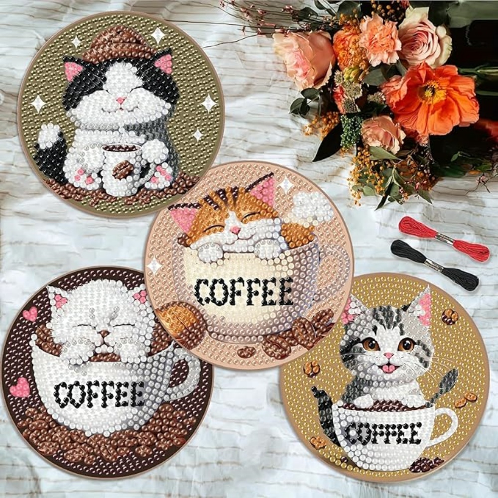 Diamond Art Drawing Coaster With Bracket, DIY Cat Pattern Diamond Art Coaster, Suitable For Adults And Beginners Diamond Drawing Kit, Diamond Kit Craft Supplies, Exquisite Gifts For Friends