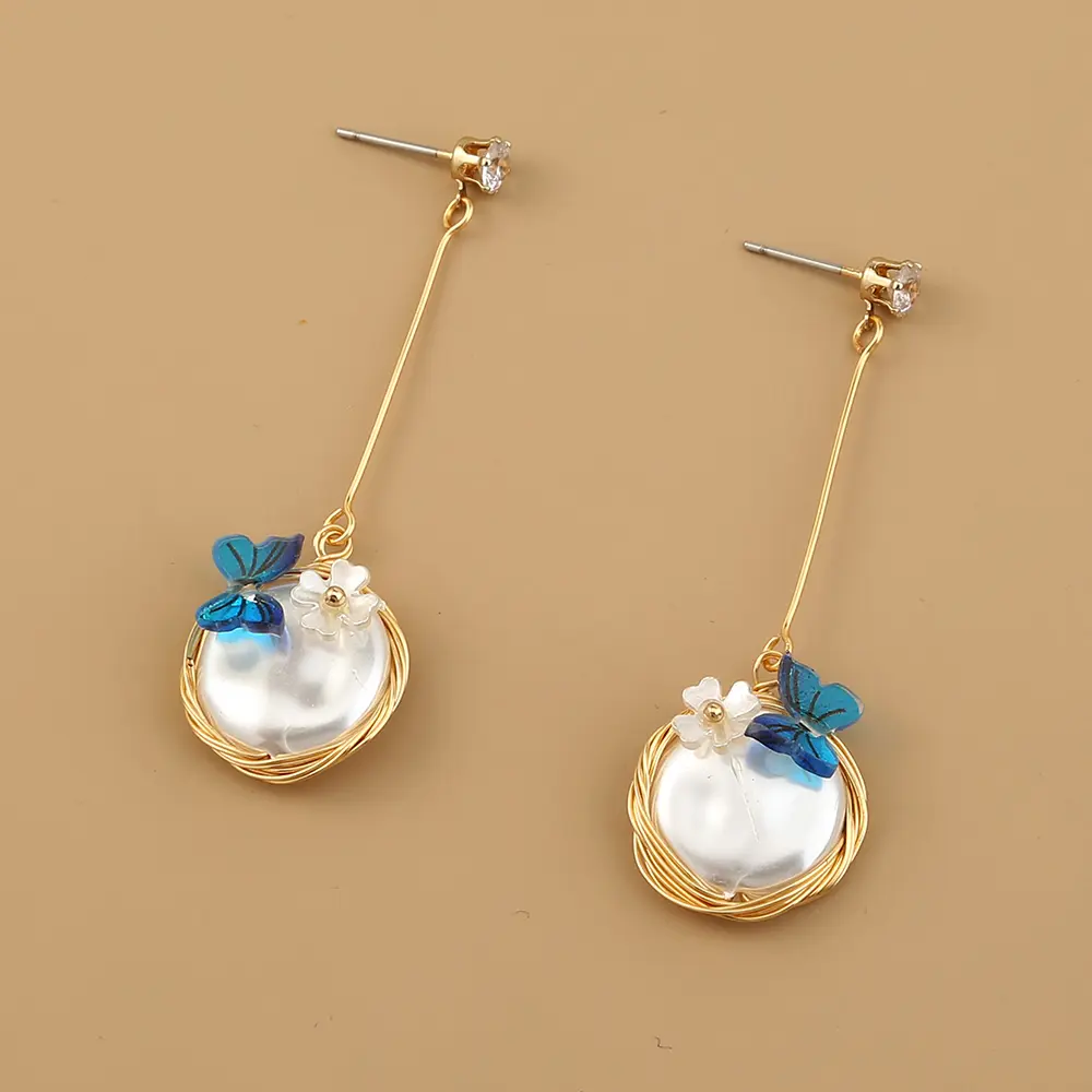 Net red hot jewelry, pure white imitation baroque pearl long earrings, handmade butterfly flower small fresh earrings