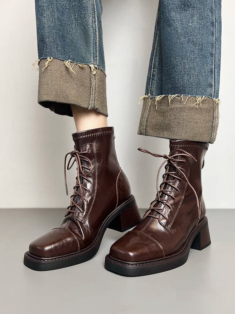 Women's Commuter Versatile Laceup Martin Boots, SquareToe Block Heel Short Boots, Platform Slimfit New Arrival Boots