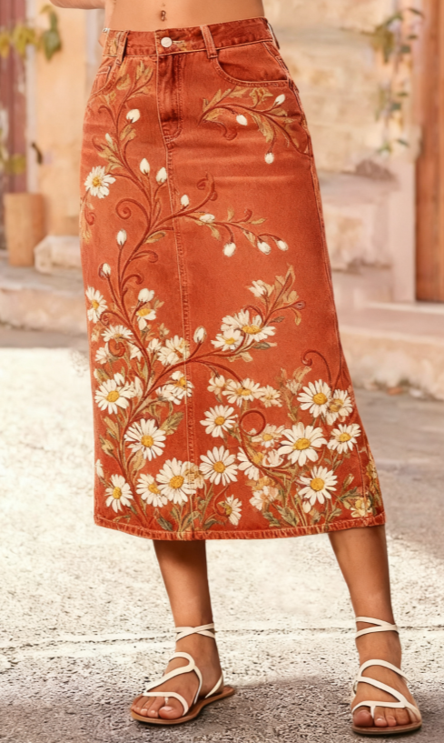 Vintage Printed Denim Midi Skirt, High-waisted Mid-length Multi-pattern Pencil Skirt, Casual Denim Skirt For All Seasons