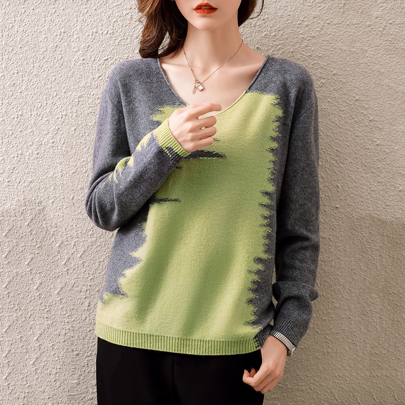 Women's Loose V-neck Short Pullover Colorblock Sweater